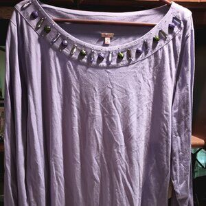 NWT Reba 3X L/S Purple Cotton/Modal Top with Stones at Neckline